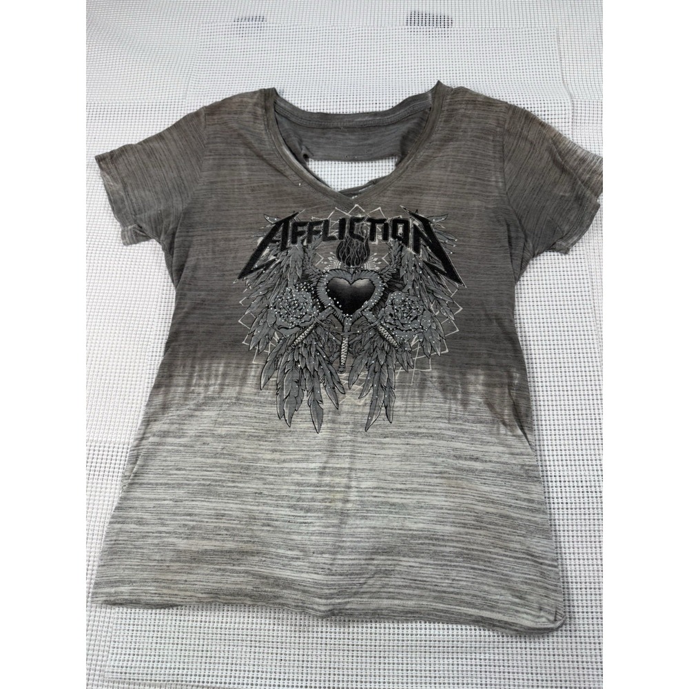 Affliction Womens Graphic Tee Gray Lace Up Back Wings Heart Small